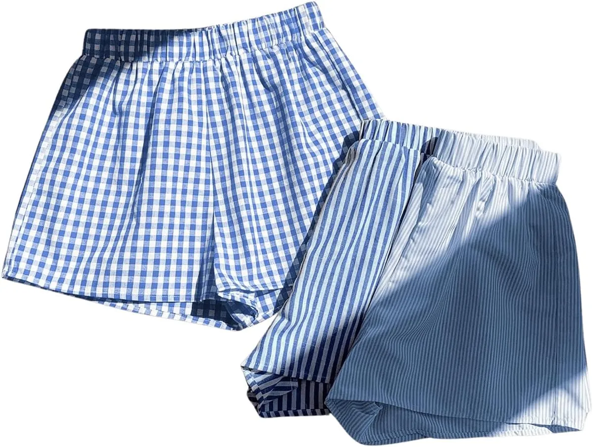 MakeMeChic Women's 3 Pack Plaid Boxer Shorts Y2k Elastic High Waist Lounge Gingham Shorts