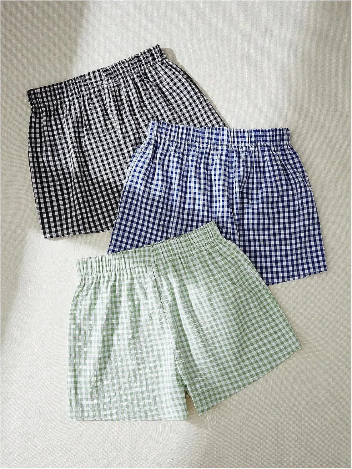 MakeMeChic Women's 3 Pack Plaid Boxer Shorts Y2k Elastic High Waist Lounge Gingham Shorts