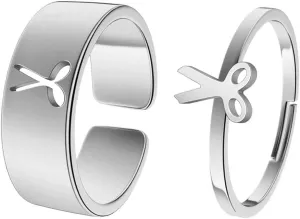 Matching Scissor Couple Rings Hypoallergenic Stainless Steel Adjustable Open Rings Unique Love Symbol for Women Men Unisex Gift for Anniversary Valentine's Wedding