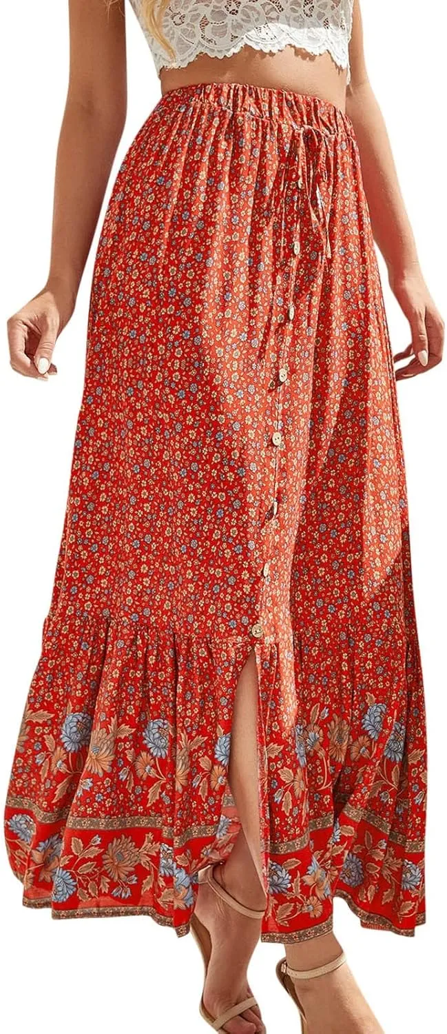 Maxi Skirts Printed Swing Skirt Cotton Women Vintage Slit Button Vacation Breasted Skirt Long Skirts for Women