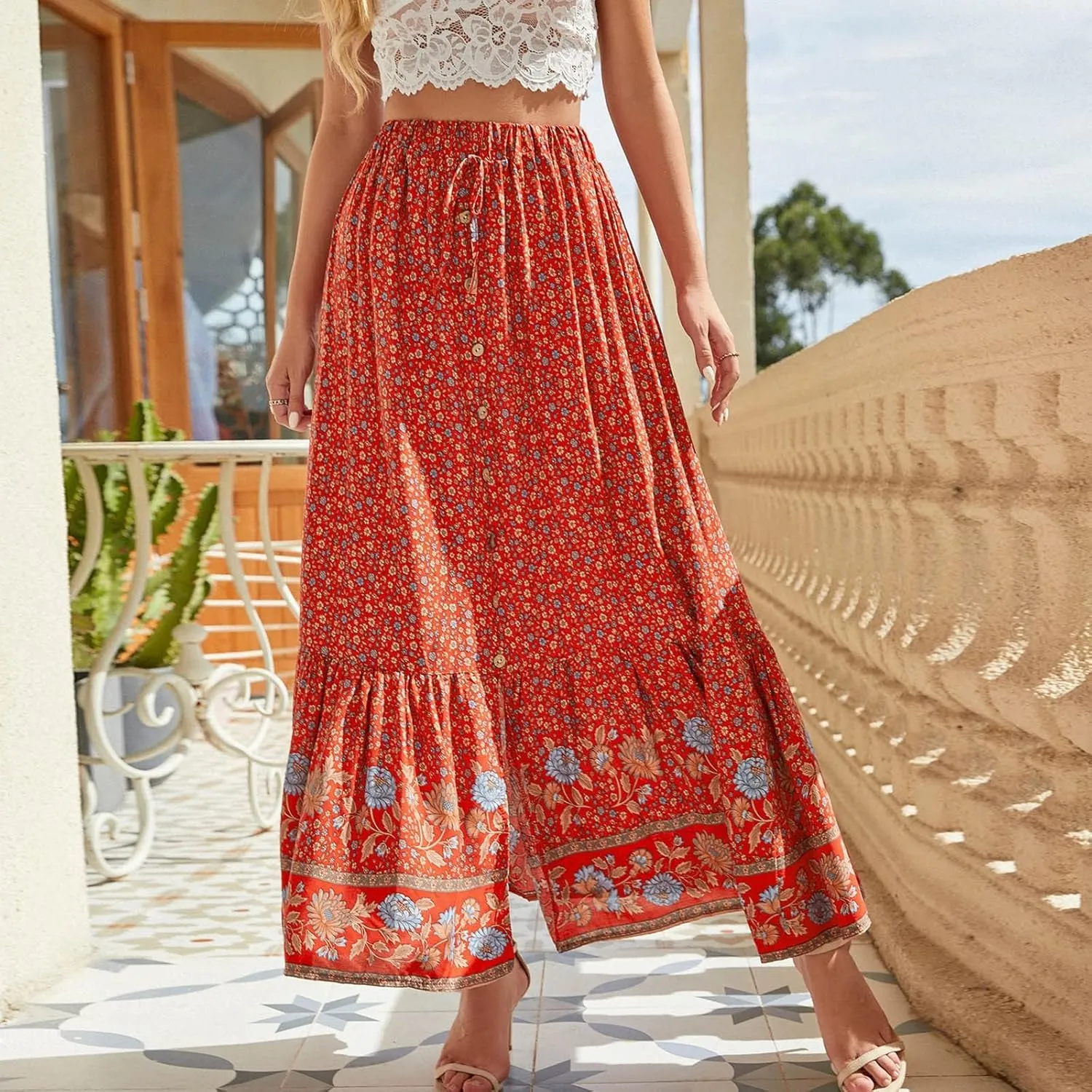 Maxi Skirts Printed Swing Skirt Cotton Women Vintage Slit Button Vacation Breasted Skirt Long Skirts for Women