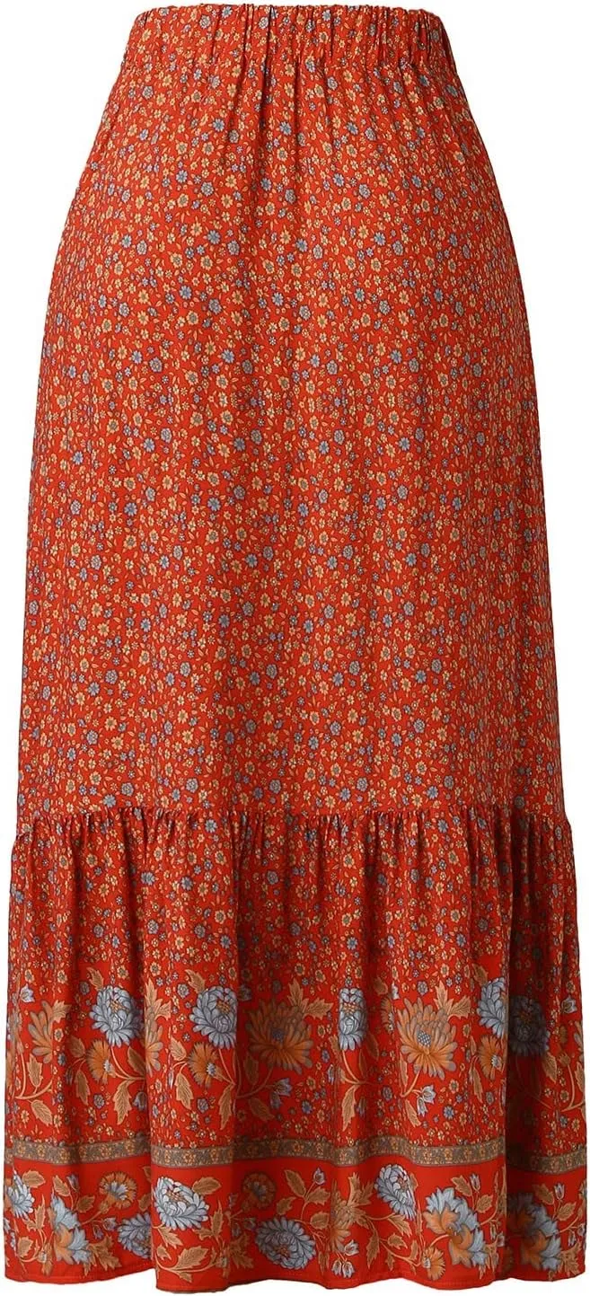 Maxi Skirts Printed Swing Skirt Cotton Women Vintage Slit Button Vacation Breasted Skirt Long Skirts for Women