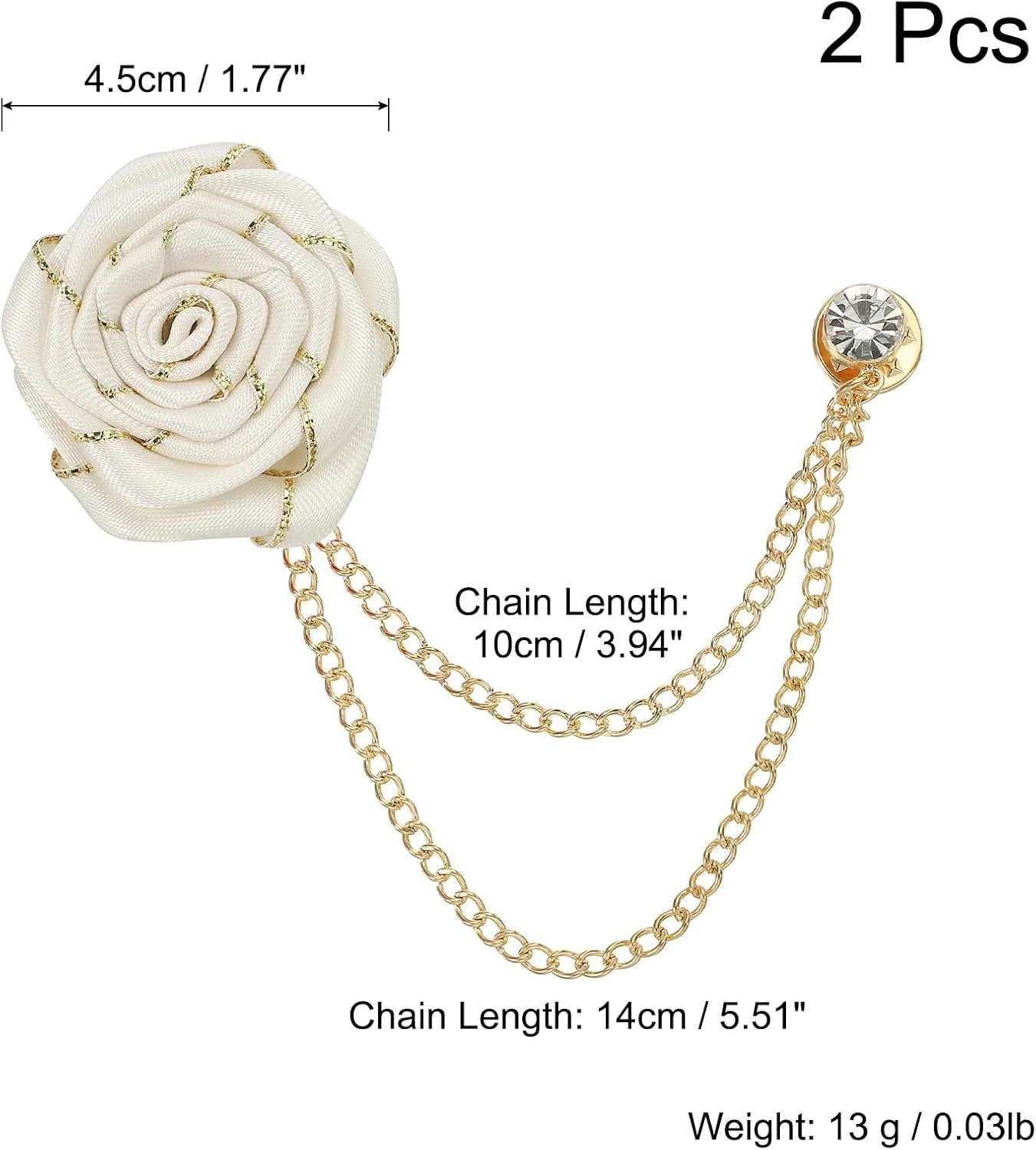 MECCANIXITY Bridegroom Brooches Rose Flower, Cloth Lapel Pin Handmade Fashion Gold Chain Boutonnieres with Tassel Chain/Suit Stud/Trim for Wedding Men' Suit Accessories