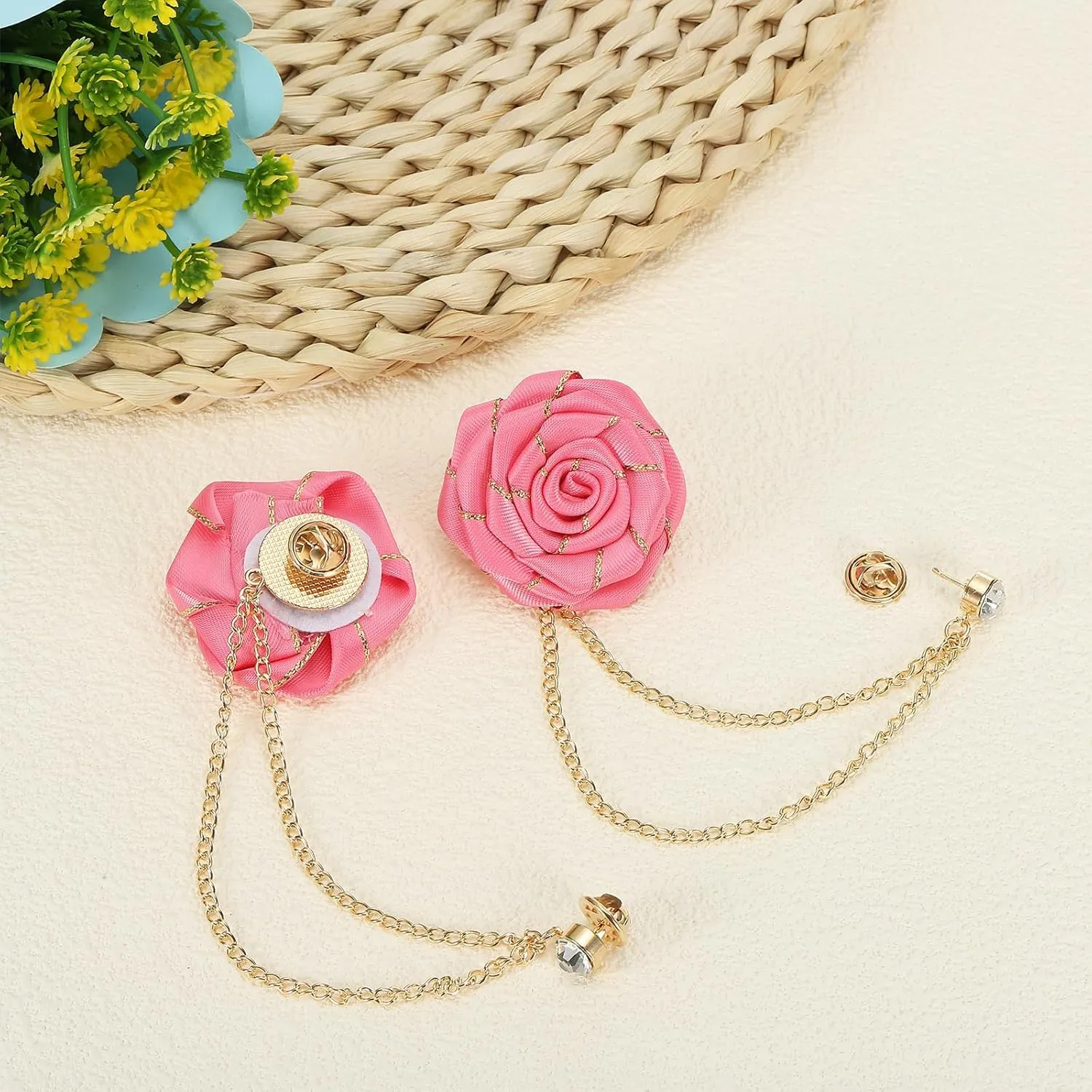 MECCANIXITY Bridegroom Brooches Rose Flower, Cloth Lapel Pin Handmade Fashion Gold Chain Boutonnieres with Tassel Chain/Suit Stud/Trim for Wedding Men' Suit Accessories