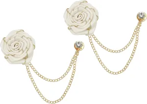 MECCANIXITY Bridegroom Brooches Rose Flower, Cloth Lapel Pin Handmade Fashion Gold Chain Boutonnieres with Tassel Chain/Suit Stud/Trim for Wedding Men' Suit Accessories