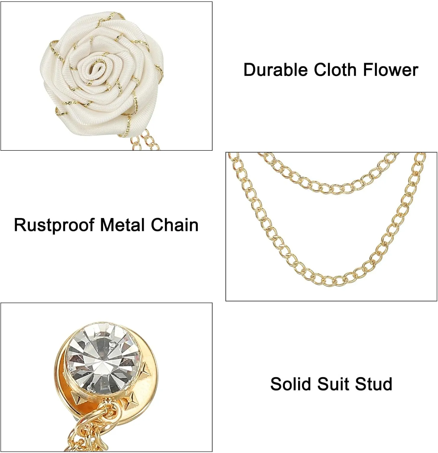 MECCANIXITY Bridegroom Brooches Rose Flower, Cloth Lapel Pin Handmade Fashion Gold Chain Boutonnieres with Tassel Chain/Suit Stud/Trim for Wedding Men' Suit Accessories