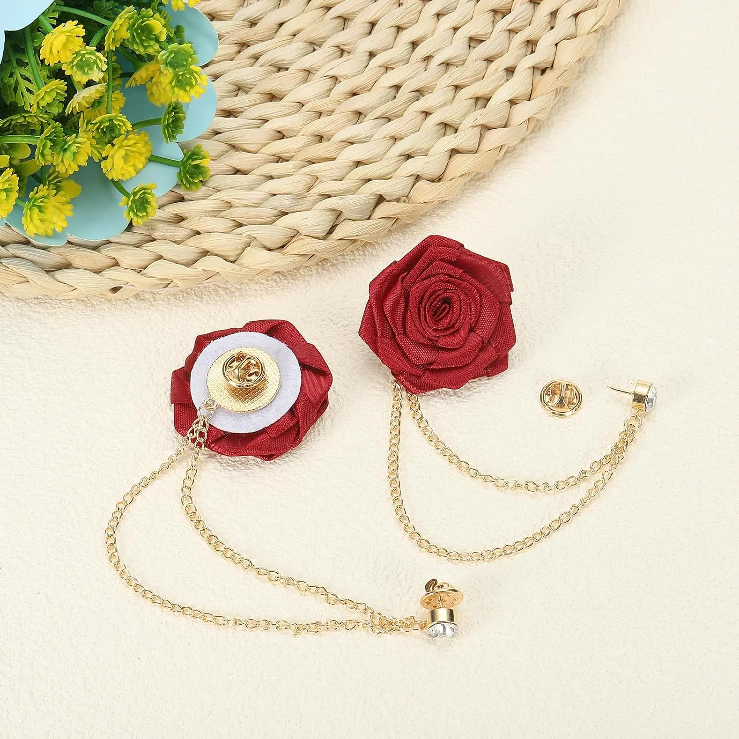 MECCANIXITY Bridegroom Brooches Rose Flower,Cloth Lapel Pin Handmade Fashion Gold Chain Boutonnieres with Tassel Chain/Suit Stud for Wedding Men' Suit Accessories