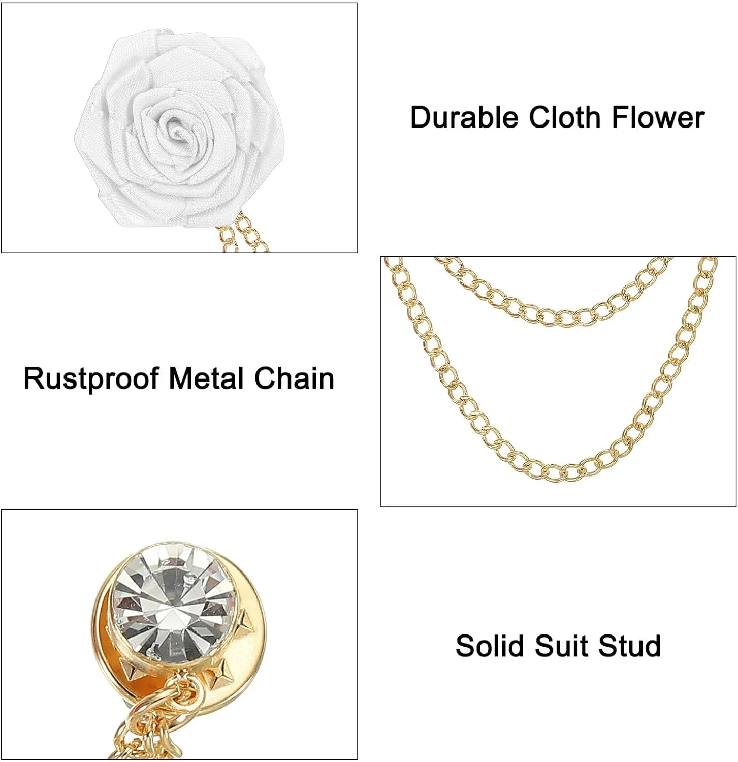MECCANIXITY Bridegroom Brooches Rose Flower,Cloth Lapel Pin Handmade Fashion Gold Chain Boutonnieres with Tassel Chain/Suit Stud for Wedding Men' Suit Accessories