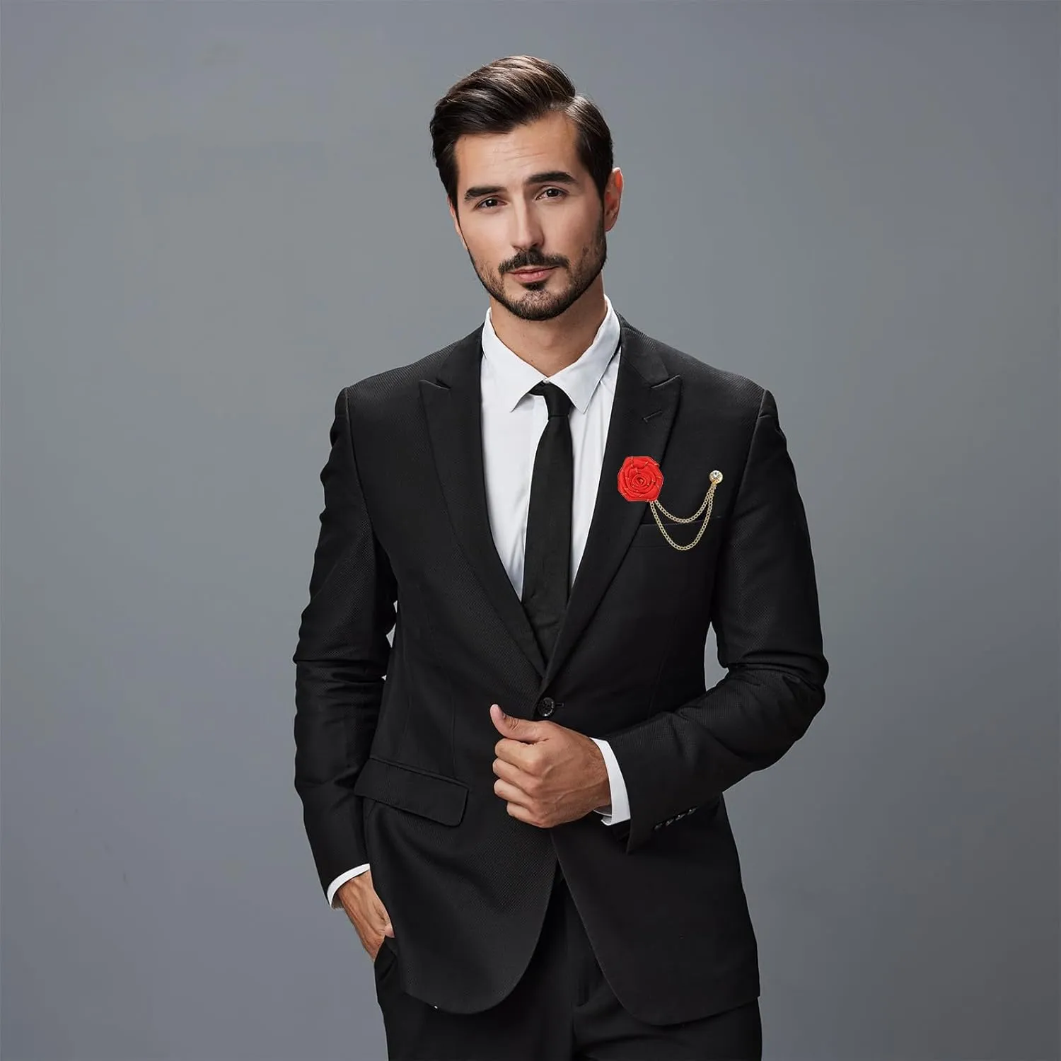 MECCANIXITY Bridegroom Brooches Rose Flower,Cloth Lapel Pin Handmade Fashion Gold Chain Boutonnieres with Tassel Chain/Suit Stud for Wedding Men' Suit Accessories