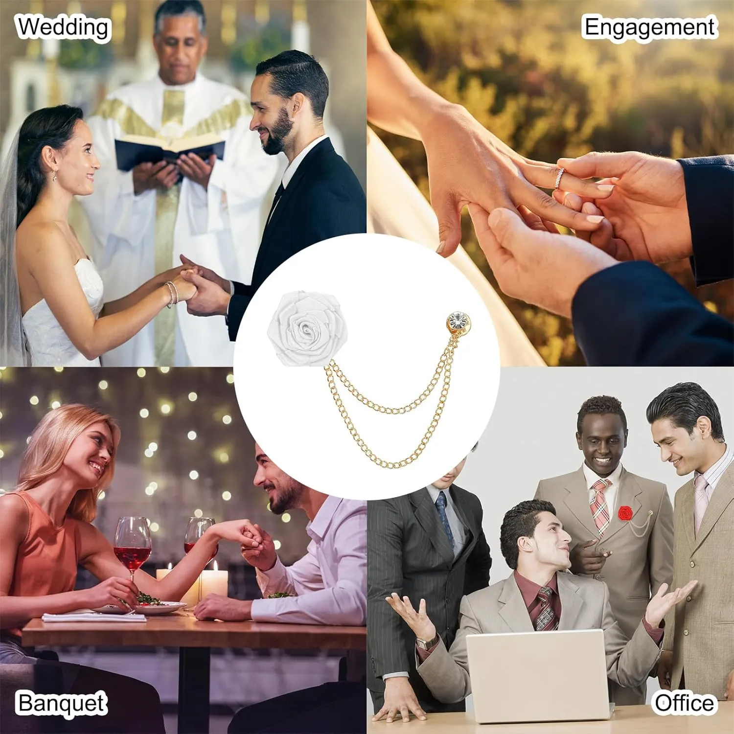 MECCANIXITY Bridegroom Brooches Rose Flower,Cloth Lapel Pin Handmade Fashion Gold Chain Boutonnieres with Tassel Chain/Suit Stud for Wedding Men' Suit Accessories