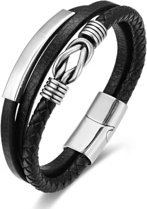 Mens Braided Black Leather Bracelet with Vintage Silver Love Knot Accent, Multi-Strand Forever Love Symbol, Classic and Urban Style