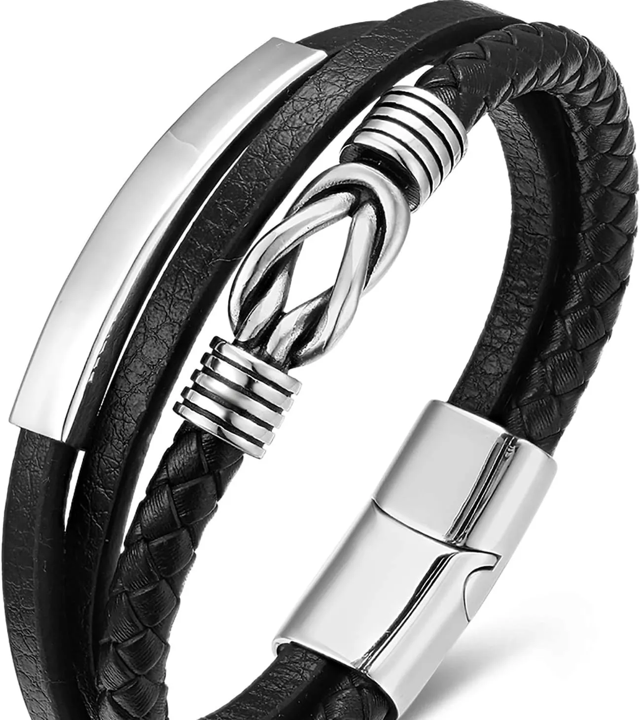 Mens Braided Black Leather Bracelet with Vintage Silver Love Knot Accent, Multi-Strand Forever Love Symbol, Classic and Urban Style
