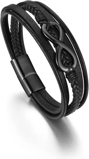 Men's Infinity Leather Bracelet with Stainless Steel Clasp Infinity Love Symbol Wristband Cuff Bangle Personality Bracelets