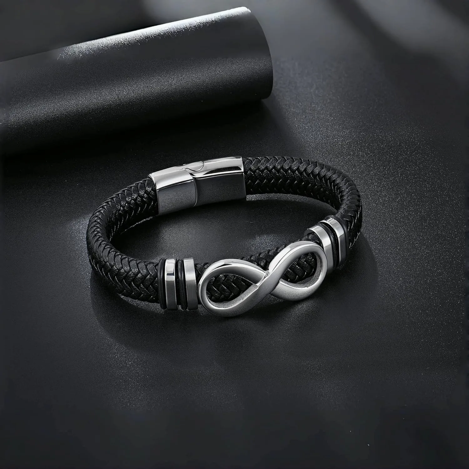 Men's Leather Infinity Bracelet Stainless Steel Number 8 Wristband Cuff Bangle Bracelets Gifts for Men, 8.3 & 9.1 inches