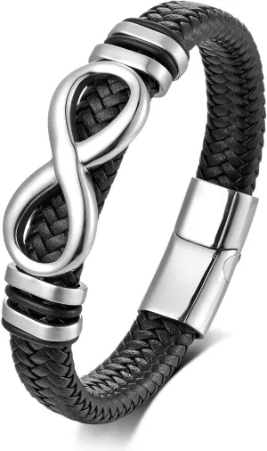 Men's Leather Infinity Bracelet Stainless Steel Number 8 Wristband Cuff Bangle Bracelets Gifts for Men, 8.3 & 9.1 inches