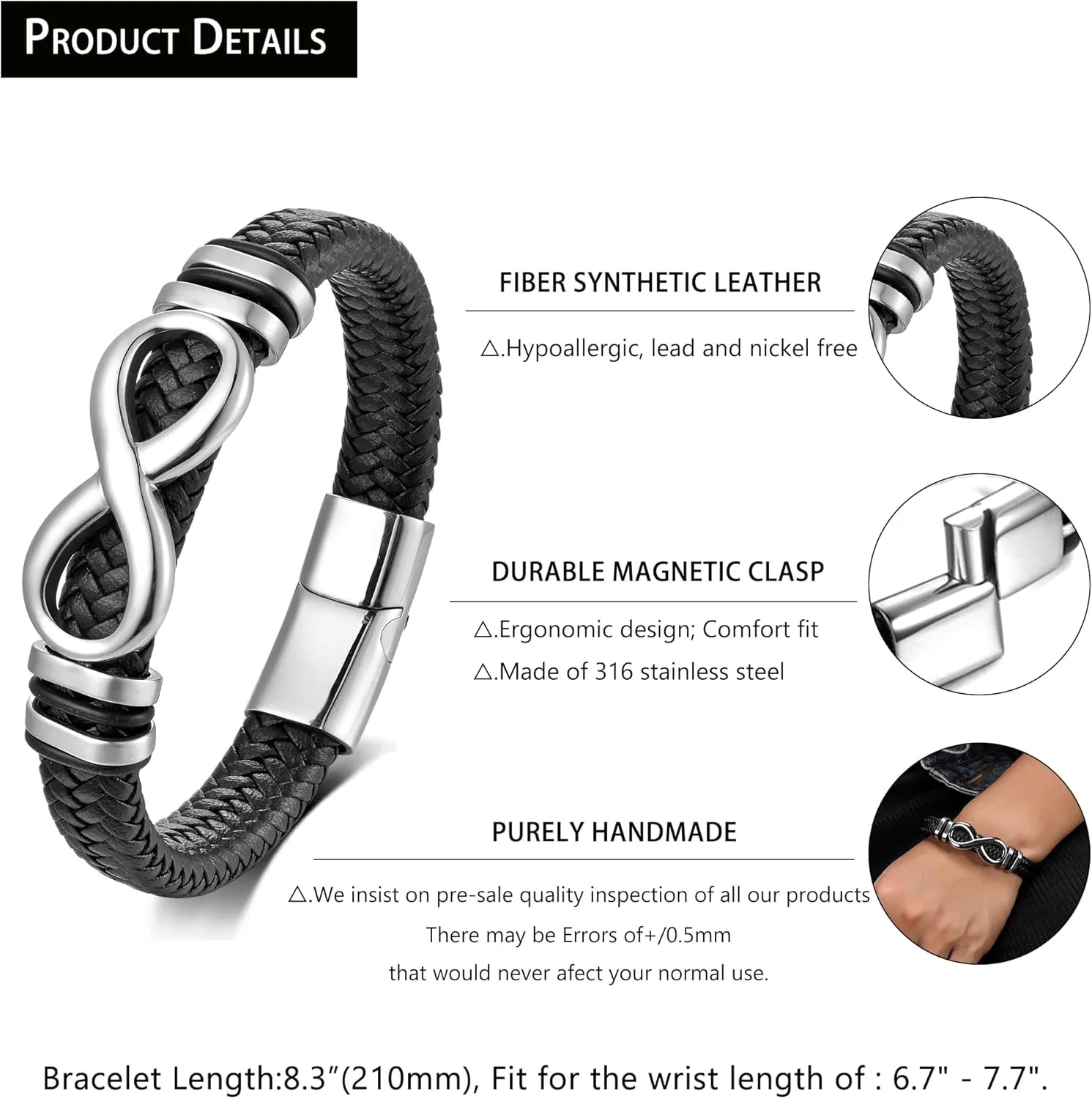 Men's Leather Infinity Bracelet Stainless Steel Number 8 Wristband Cuff Bangle Bracelets Gifts for Men, 8.3 & 9.1 inches