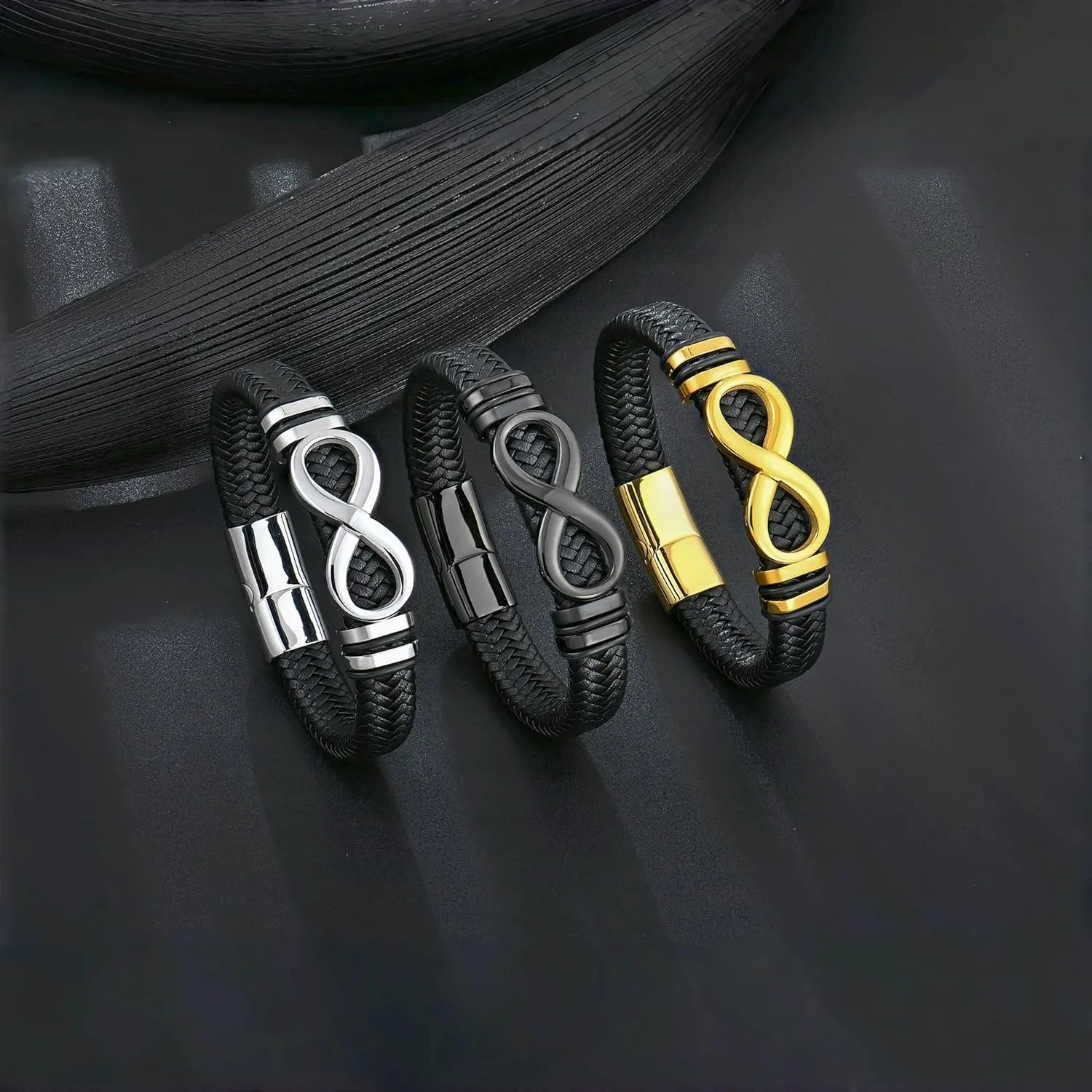 Men's Leather Infinity Bracelet Stainless Steel Number 8 Wristband Cuff Bangle Bracelets Gifts for Men, 8.3 & 9.1 inches