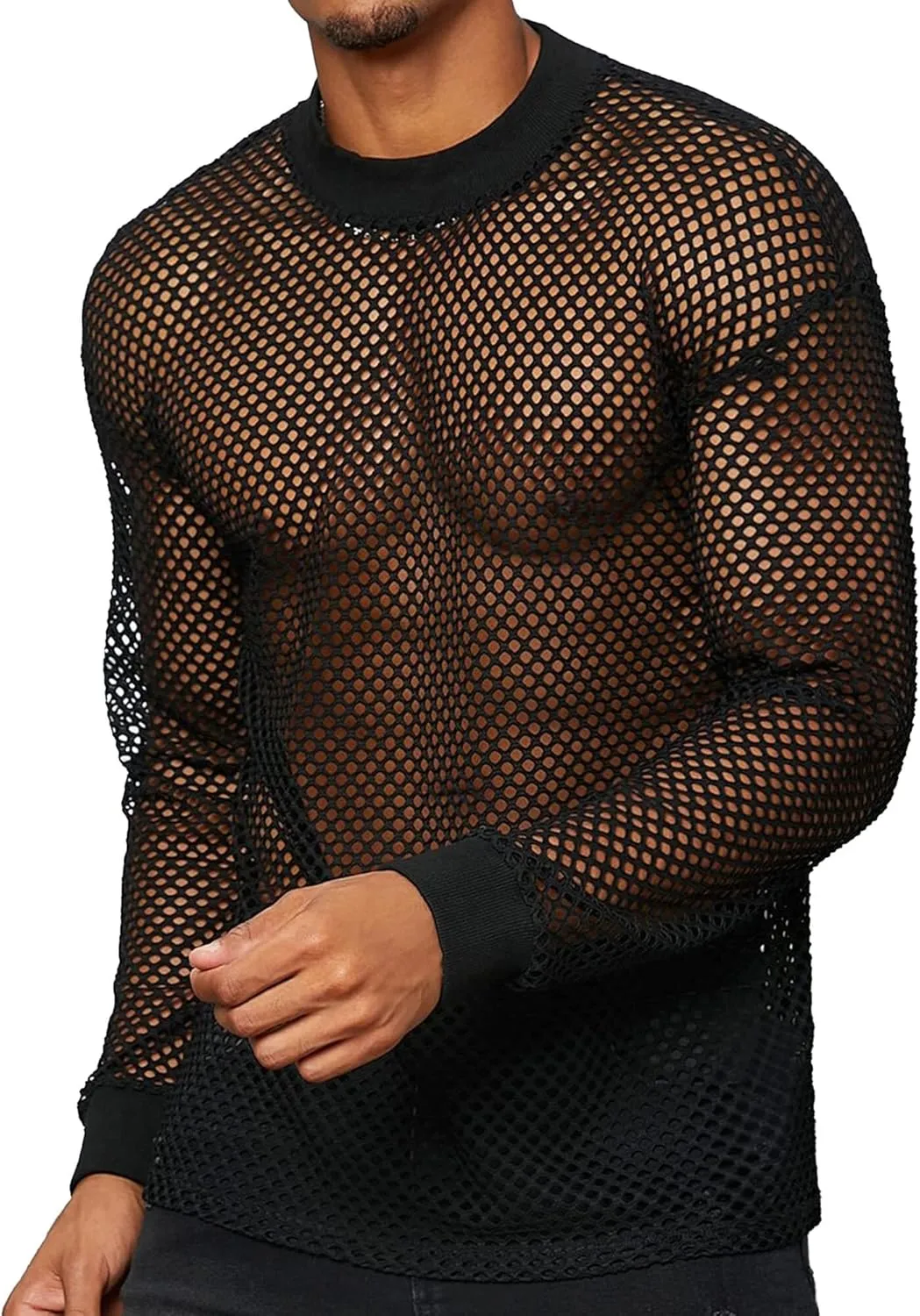 Mens Mesh Sheer Tee Top See Through Transparent Tops Novelty Muscle Party T-Shirts Fishnest Glitter Disco Shirt Blouse