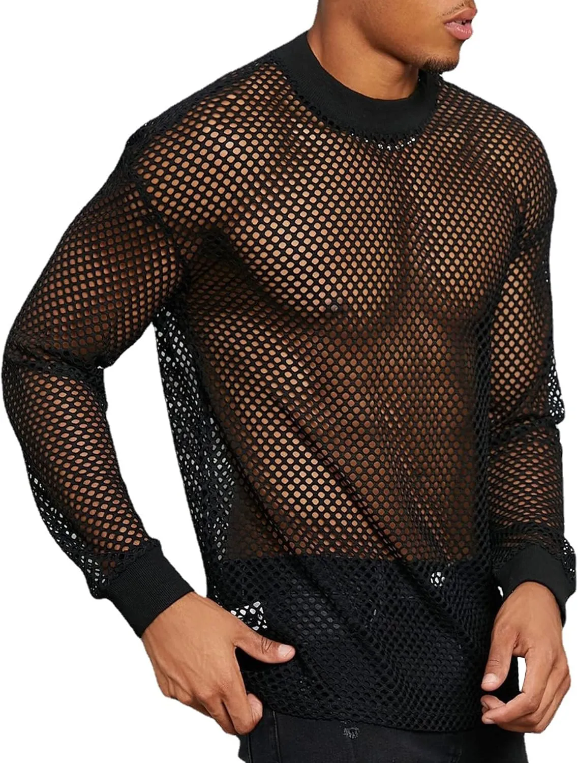 Mens Mesh Sheer Tee Top See Through Transparent Tops Novelty Muscle Party T-Shirts Fishnest Glitter Disco Shirt Blouse