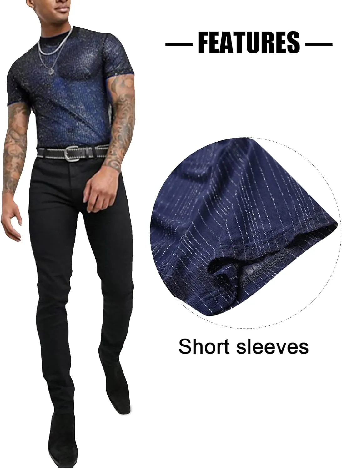 Mens Mesh Sheer Tee Top See Through Transparent Tops Novelty Muscle Party T-Shirts Fishnest Glitter Disco Shirt Blouse