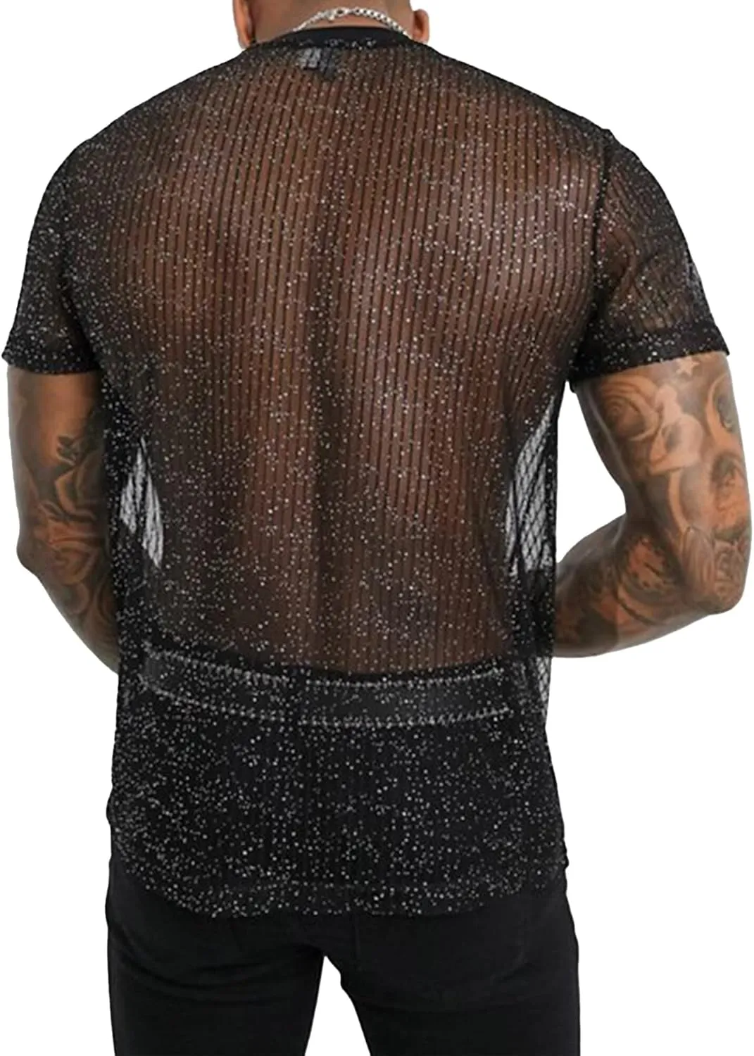 Mens Mesh Sheer Tee Top See Through Transparent Tops Novelty Muscle Party T-Shirts Fishnest Glitter Disco Shirt Blouse