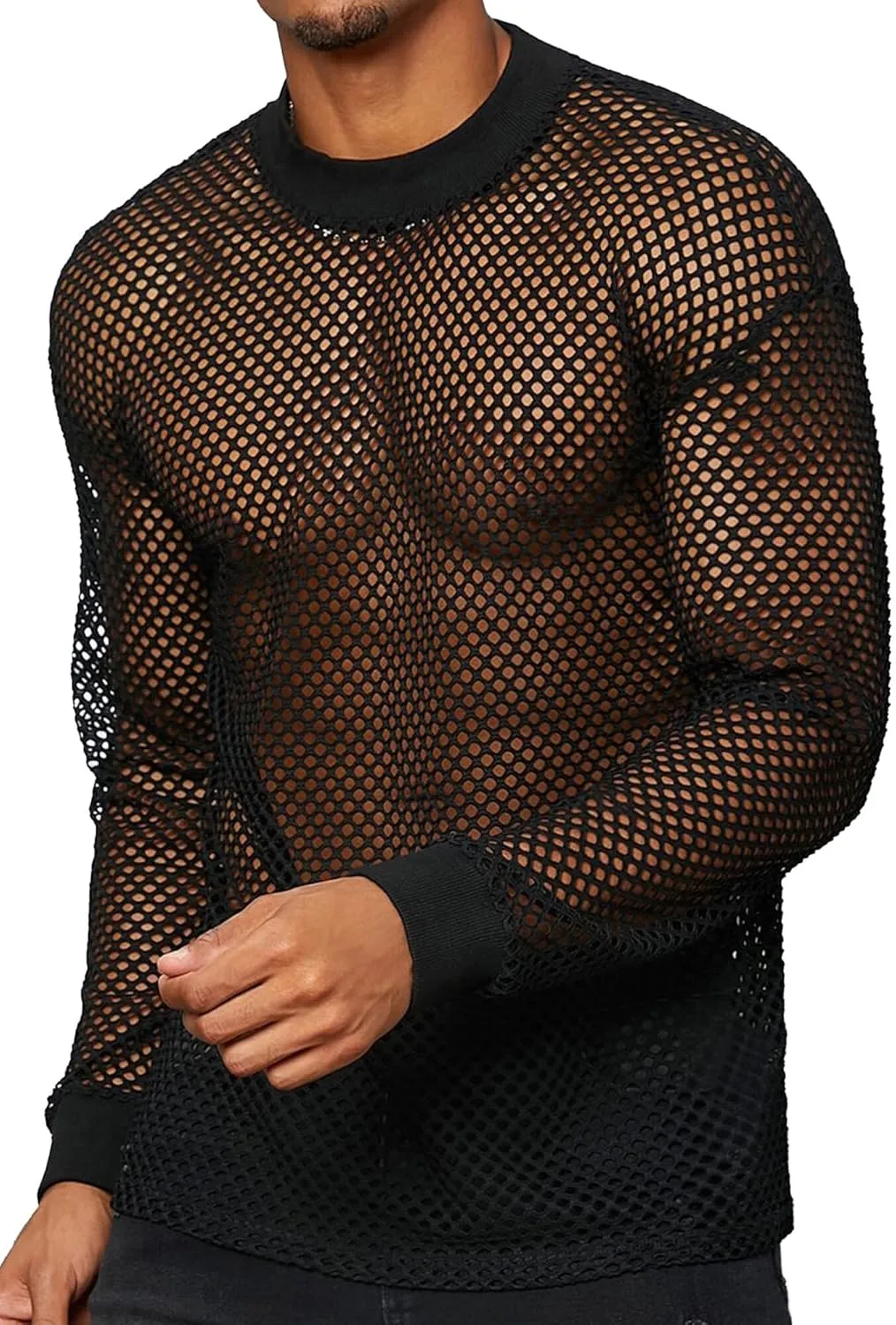 Mens Mesh Sheer Tee Top See Through Transparent Tops Novelty Muscle Party T-Shirts Fishnest Glitter Disco Shirt Blouse