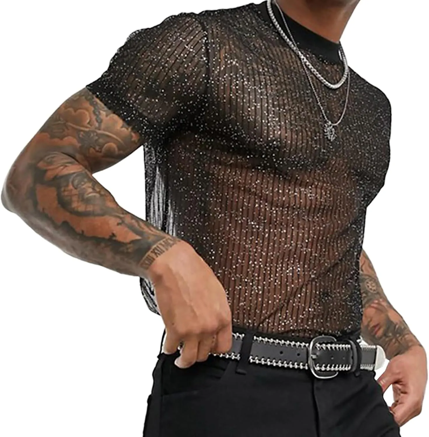 Mens Mesh Sheer Tee Top See Through Transparent Tops Novelty Muscle Party T-Shirts Fishnest Glitter Disco Shirt Blouse