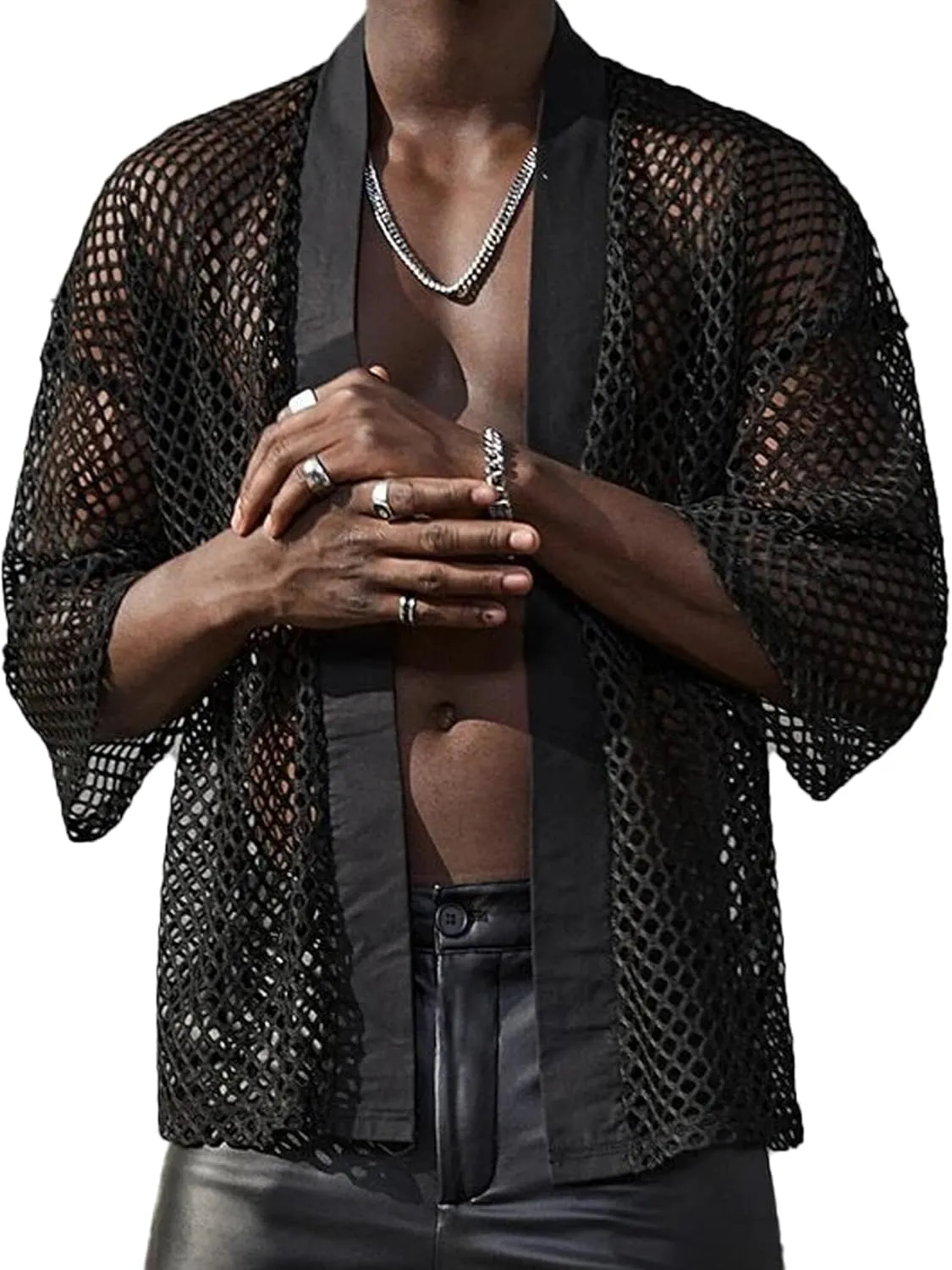 Mens Mesh Sheer Tee Top See Through Transparent Tops Novelty Muscle Party T-Shirts Fishnest Glitter Disco Shirt Blouse