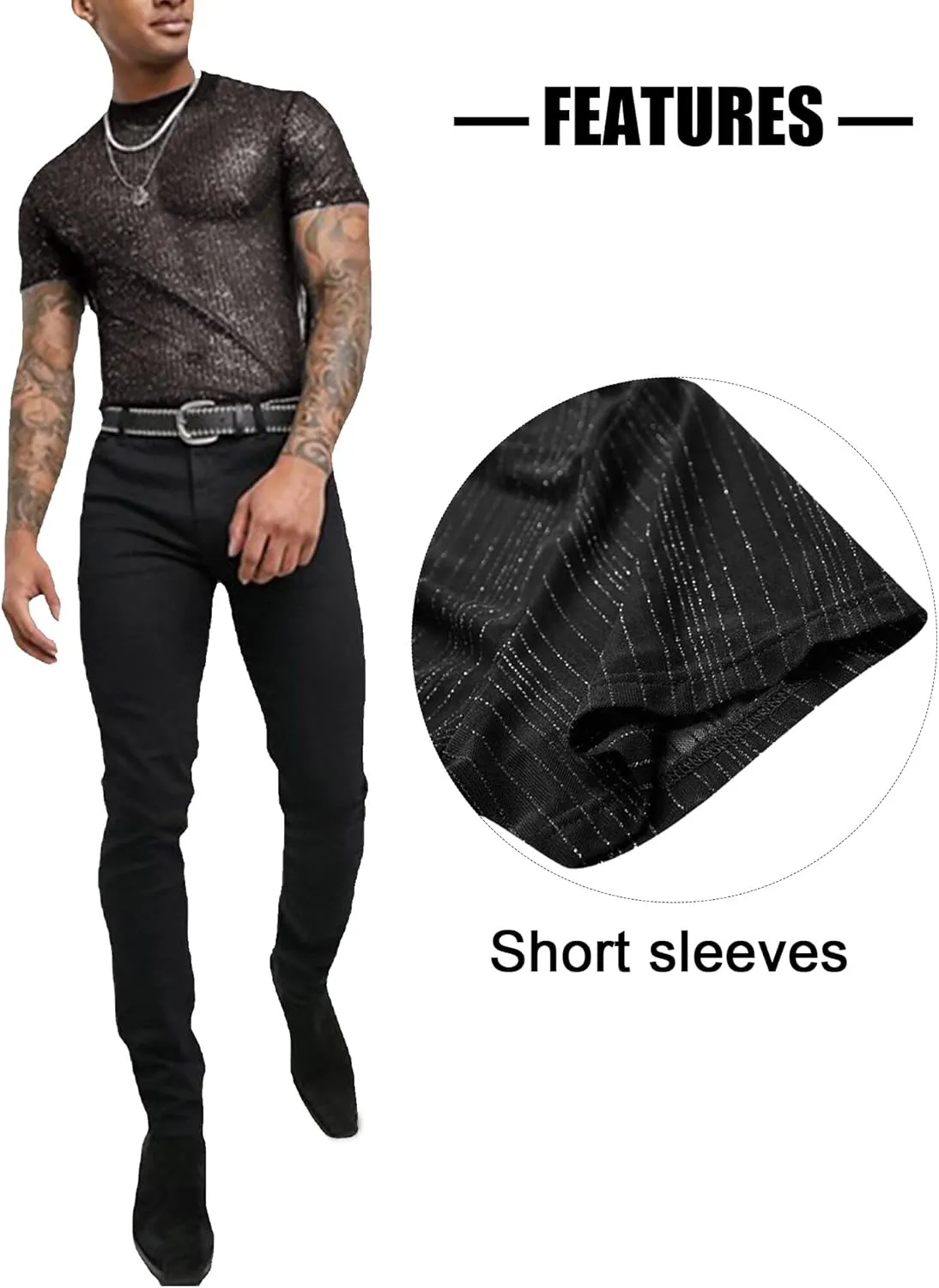Mens Mesh Sheer Tee Top See Through Transparent Tops Novelty Muscle Party T-Shirts Fishnest Glitter Disco Shirt Blouse