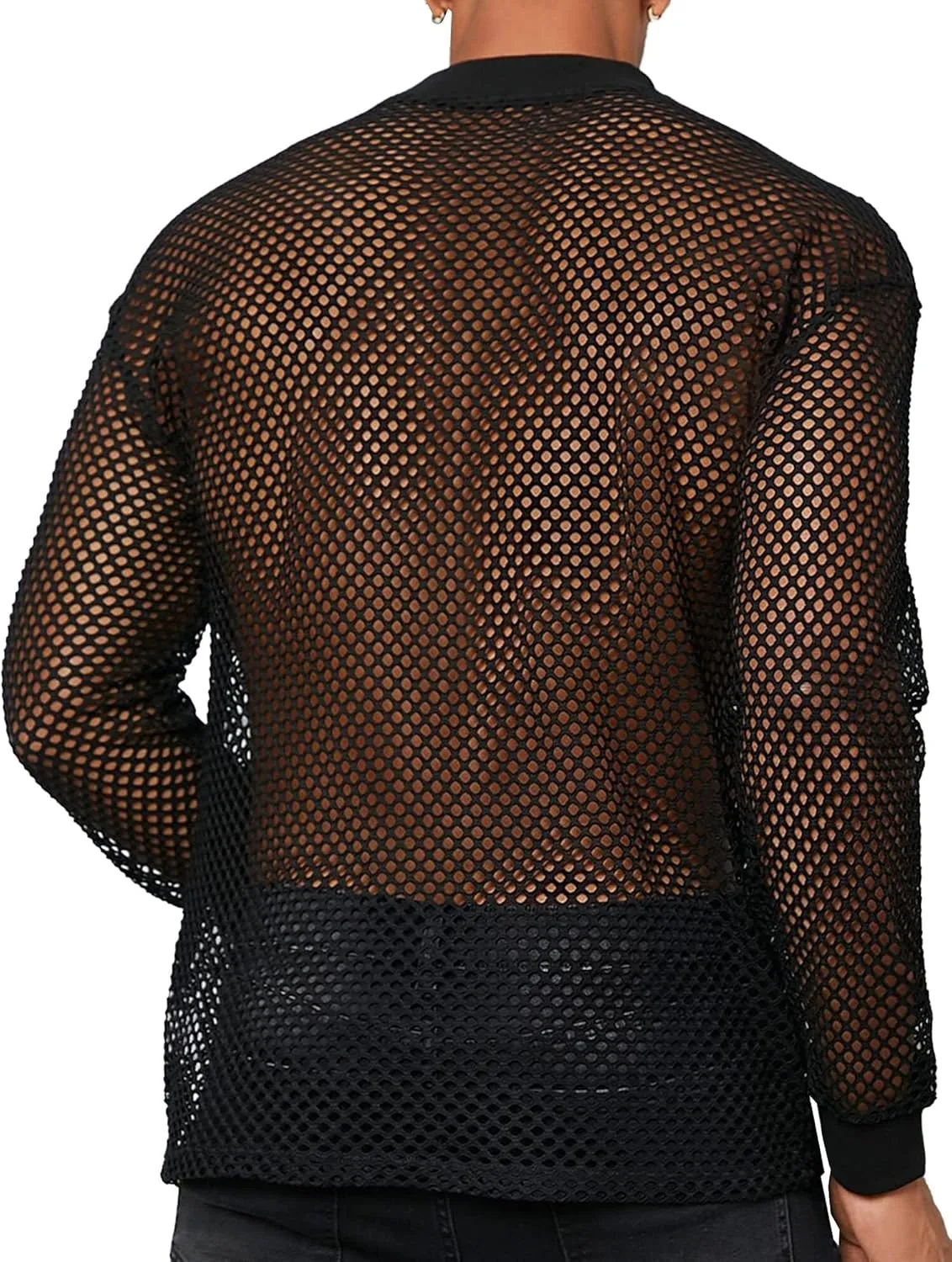 Mens Mesh Sheer Tee Top See Through Transparent Tops Novelty Muscle Party T-Shirts Fishnest Glitter Disco Shirt Blouse