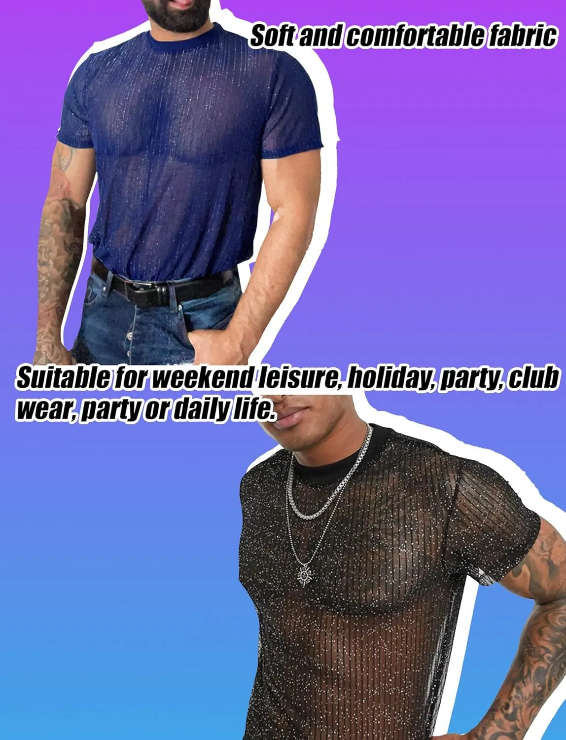 Mens Mesh Sheer Tee Top See Through Transparent Tops Novelty Muscle Party T-Shirts Fishnest Glitter Disco Shirt Blouse