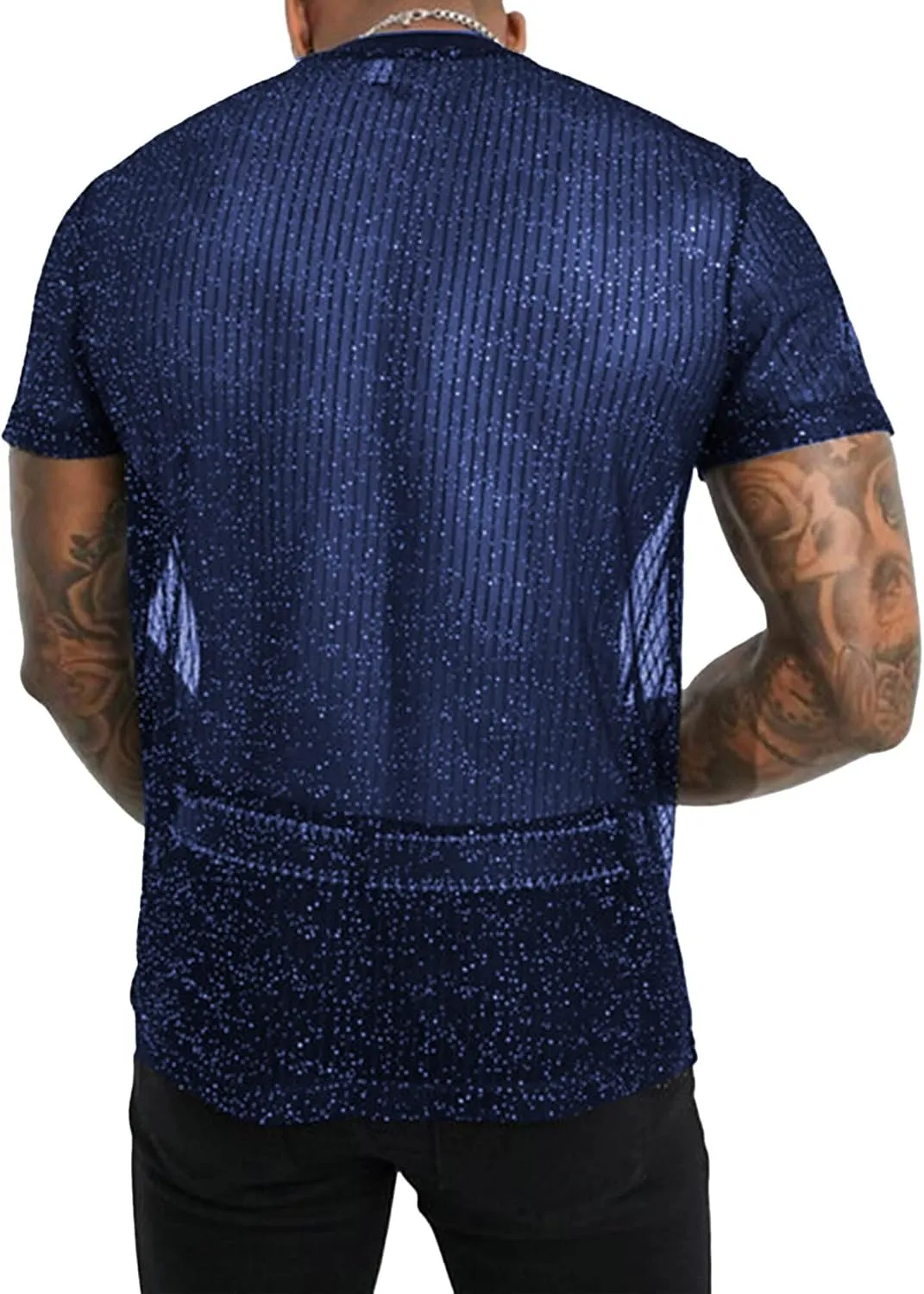 Mens Mesh Sheer Tee Top See Through Transparent Tops Novelty Muscle Party T-Shirts Fishnest Glitter Disco Shirt Blouse
