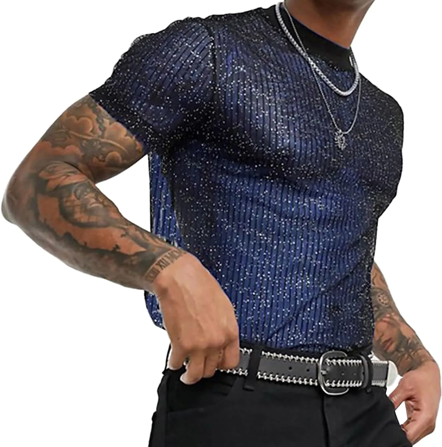 Mens Mesh Sheer Tee Top See Through Transparent Tops Novelty Muscle Party T-Shirts Fishnest Glitter Disco Shirt Blouse