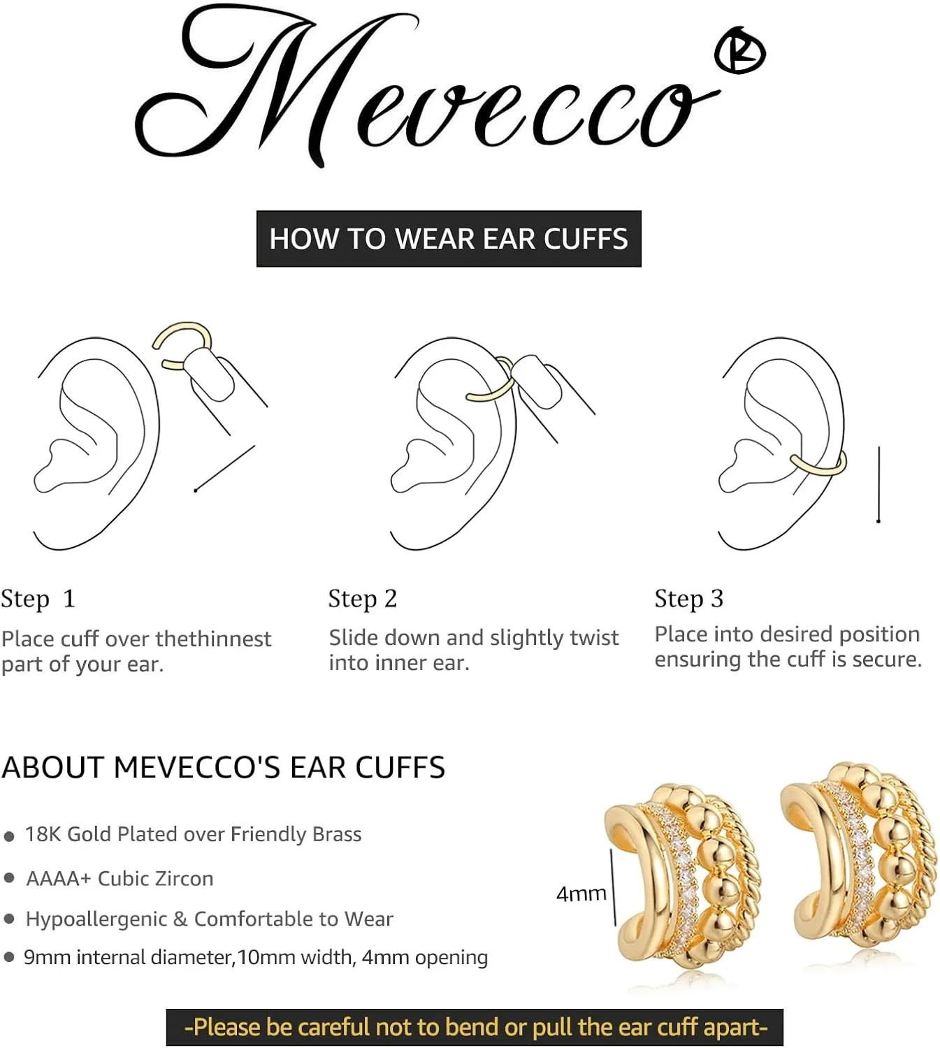 MEVECCO Gold Ear Cuffs 18K Gold Plated Ear Cuff Non Pierced Ears Small Sleeper Simple Minimalist Delicate CZ Cross Ear Cuffs Clip On Earrings for Women