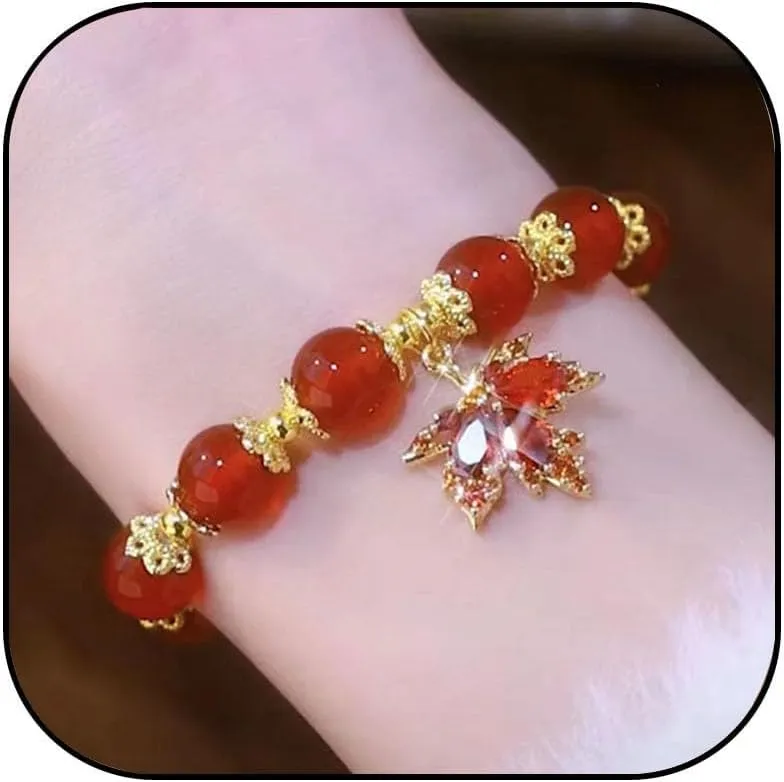 MIFYNN Crystal Maple Leaf Bracelet for Women Thanksgiving Fall Bracelets Red Beaded Stretch Bracelets Harvest Orange Brown Beaded Bracelets Autumn Party Favors Holiday Jewelry