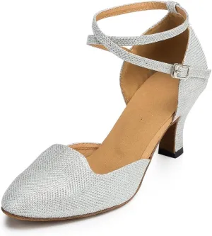 Misu Women's Closed Toe Suede Sole Latin Salsa Tango Practice Ballroom Dance Shoes with 2.7" Heel,Silver Glitter,8.5 B(M) US