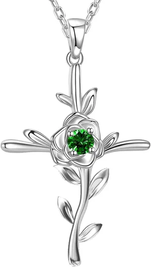 Mothers Day Birthday Gifts for Wife Mom May June July Birthstones Jewelry for Women Love Rose Hope Leaves Necklace Emerald Pearl Ruby Sapphire Necklace and More Stones 925 Sterling Silver