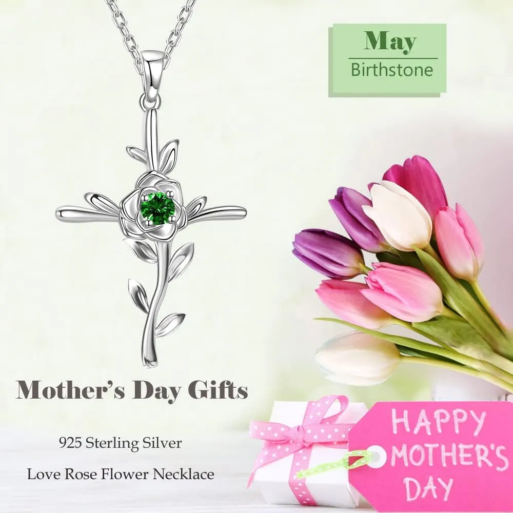 Mothers Day Birthday Gifts for Wife Mom May June July Birthstones Jewelry for Women Love Rose Hope Leaves Necklace Emerald Pearl Ruby Sapphire Necklace and More Stones 925 Sterling Silver