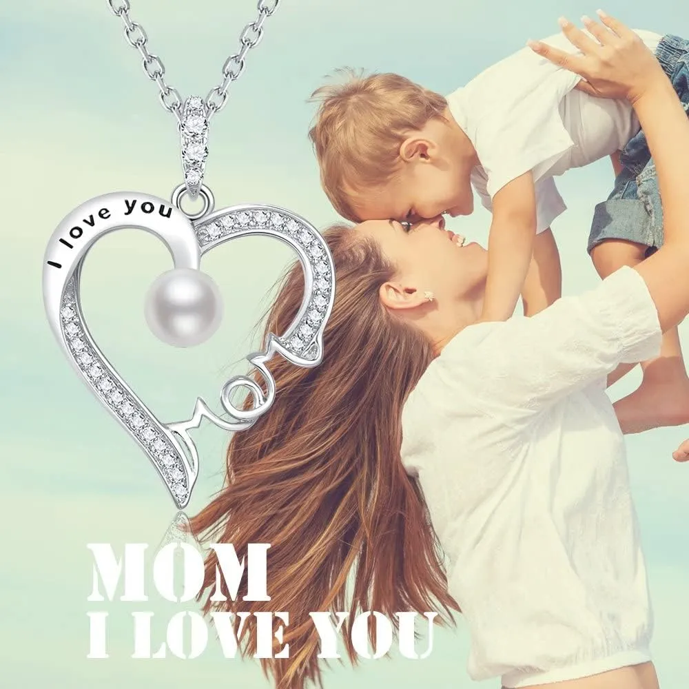 Mothers Day Jewelry Birthday Gifts for Mom I Love You Mom Necklace Wife May June Birthstones Emerald Ruby Pearl and More Stones Jewelry for Women 925 Sterling Silver Heart Pendant Necklace