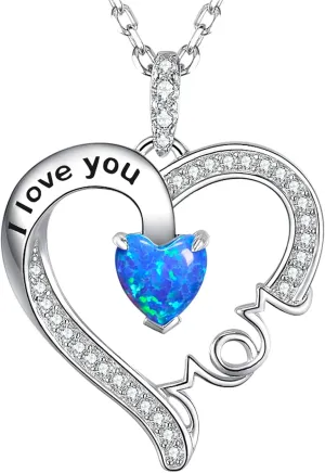 Mothers Day Jewelry Birthday Gifts for Mom I Love You Mom Necklace Wife May June Birthstones Emerald Ruby Pearl and More Stones Jewelry for Women 925 Sterling Silver Heart Pendant Necklace