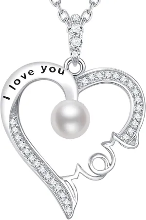 Mothers Day Jewelry Birthday Gifts for Mom I Love You Mom Necklace Wife May June Birthstones Emerald Ruby Pearl and More Stones Jewelry for Women 925 Sterling Silver Heart Pendant Necklace
