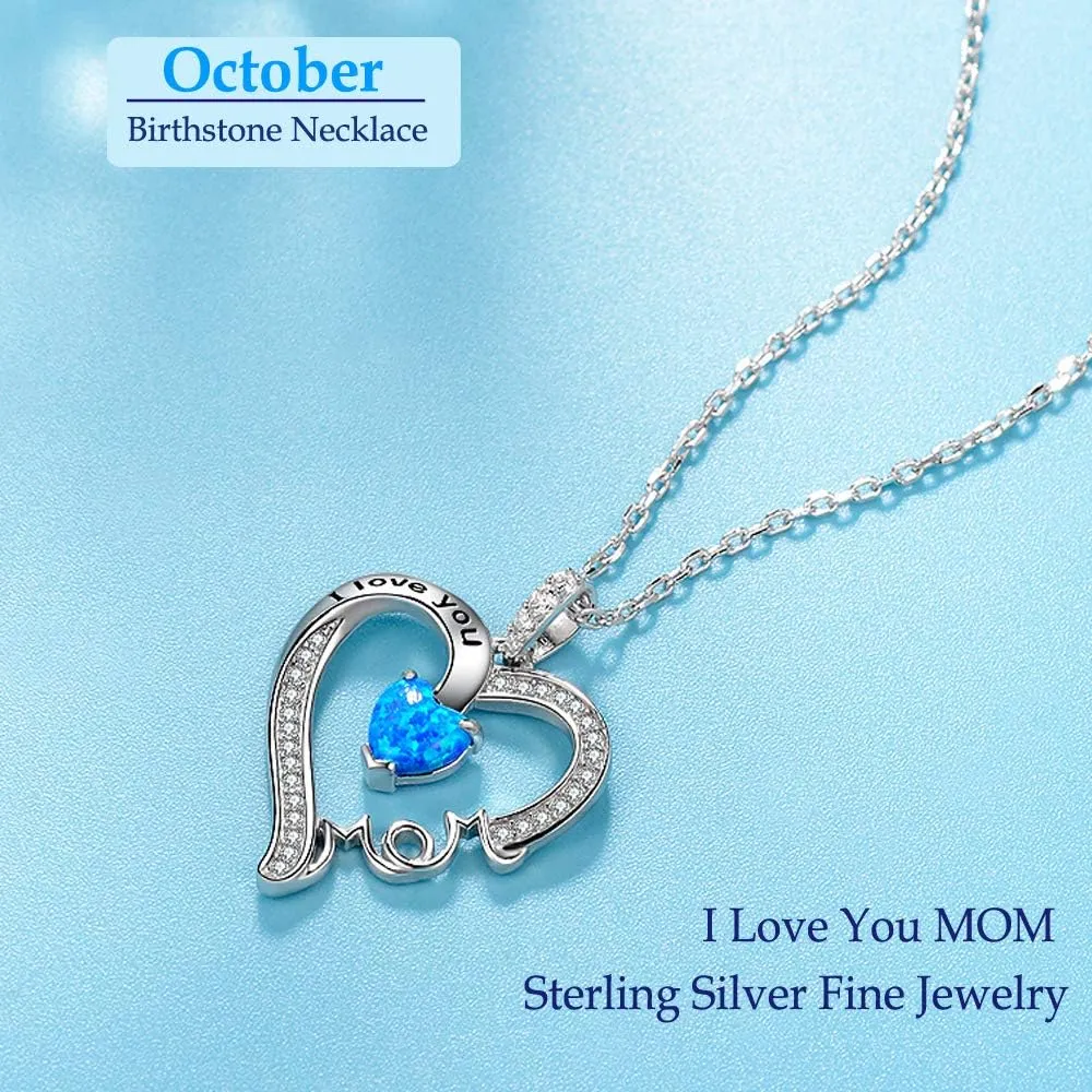 Mothers Day Jewelry Birthday Gifts for Mom I Love You Mom Necklace Wife May June Birthstones Emerald Ruby Pearl and More Stones Jewelry for Women 925 Sterling Silver Heart Pendant Necklace