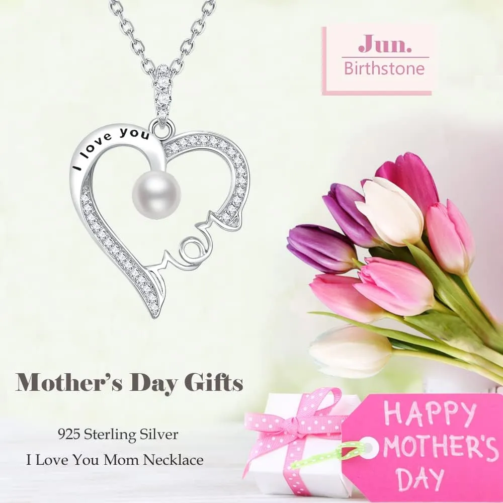 Mothers Day Jewelry Birthday Gifts for Mom I Love You Mom Necklace Wife May June Birthstones Emerald Ruby Pearl and More Stones Jewelry for Women 925 Sterling Silver Heart Pendant Necklace
