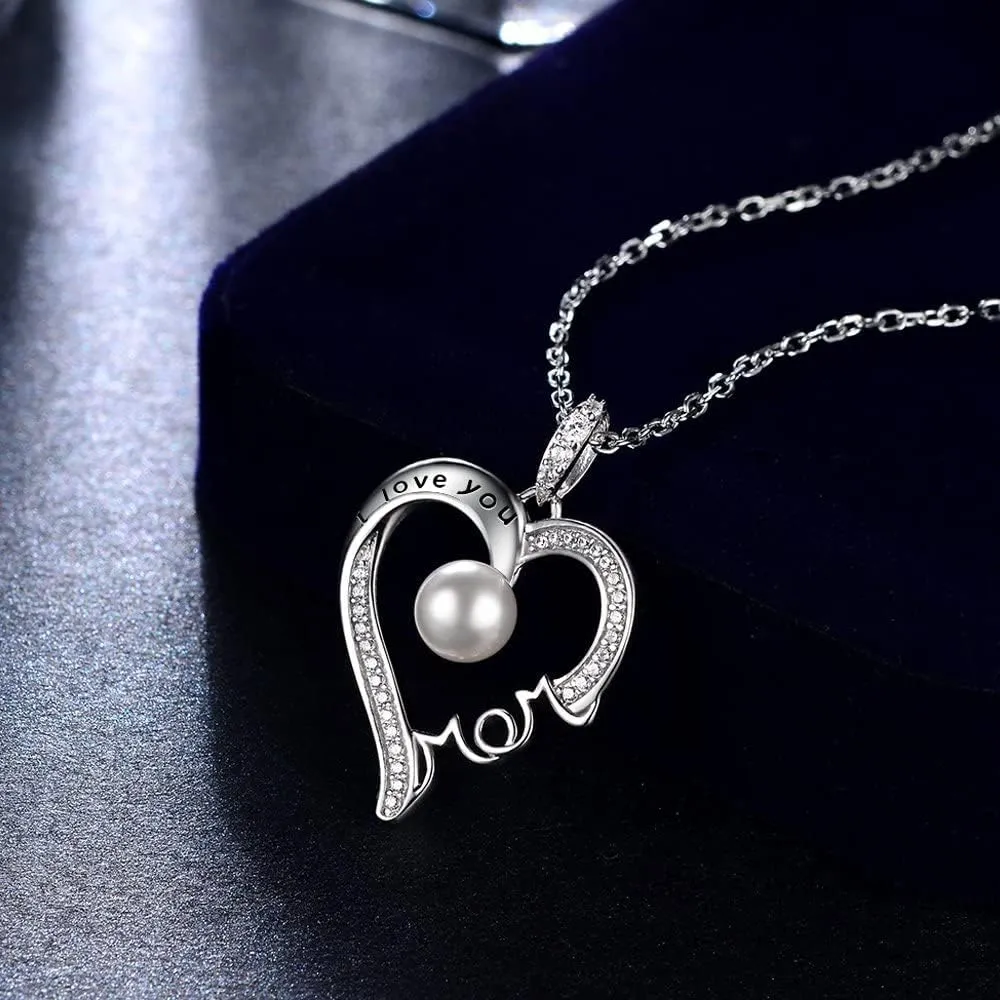 Mothers Day Jewelry Birthday Gifts for Mom I Love You Mom Necklace Wife May June Birthstones Emerald Ruby Pearl and More Stones Jewelry for Women 925 Sterling Silver Heart Pendant Necklace