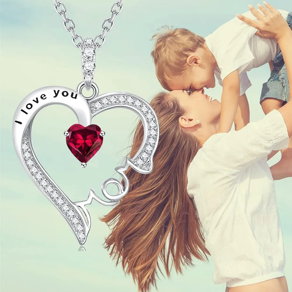 Mothers Day Jewelry Birthday Gifts for Mom I Love You Mom Necklace Wife May June Birthstones Emerald Ruby Pearl and More Stones Jewelry for Women 925 Sterling Silver Heart Pendant Necklace