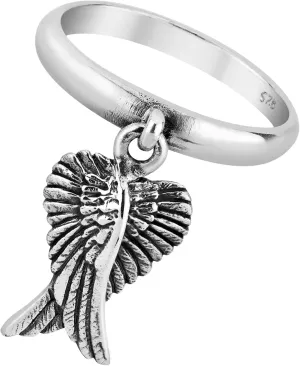Mythical Heart Shape Angel Wing .925 Sterling Silver Dangle Ring