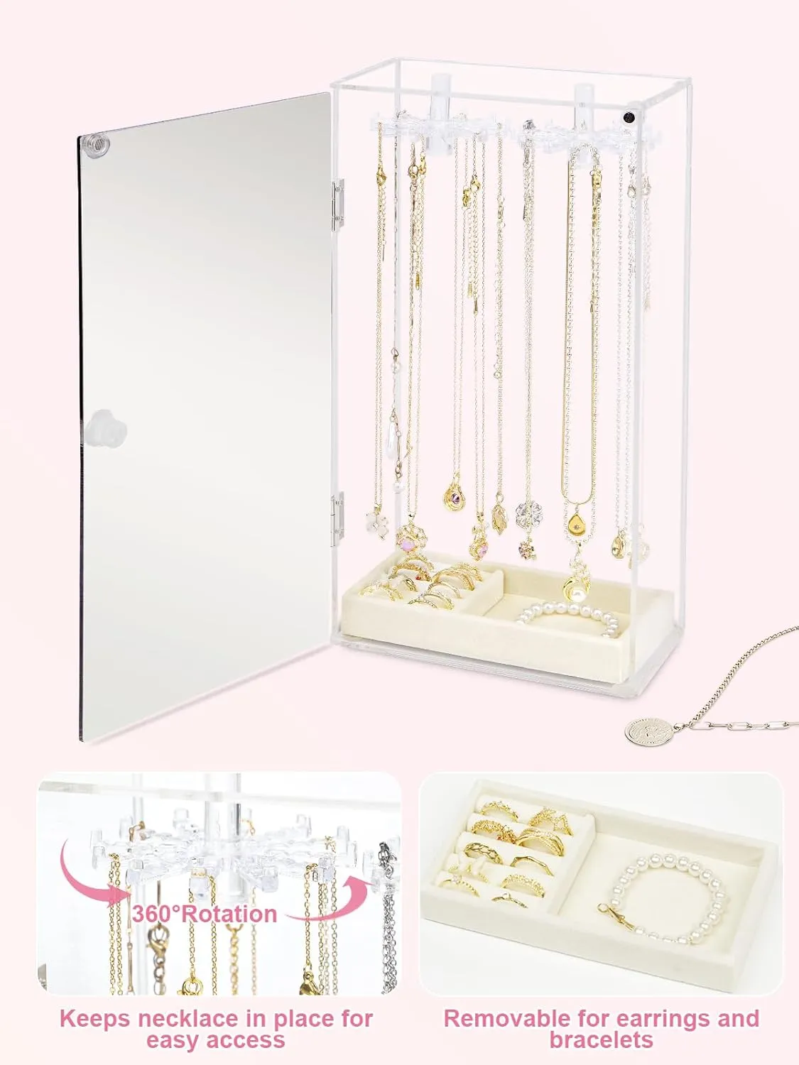 Necklace Holder Organizer, Acrylic Jewelry Organizer, Rotating Clear Necklaces Display Box with Built-in Mirror, Dust-proof Jewelry Storage Case with Velvet Tray, Great Gift for Women Girls