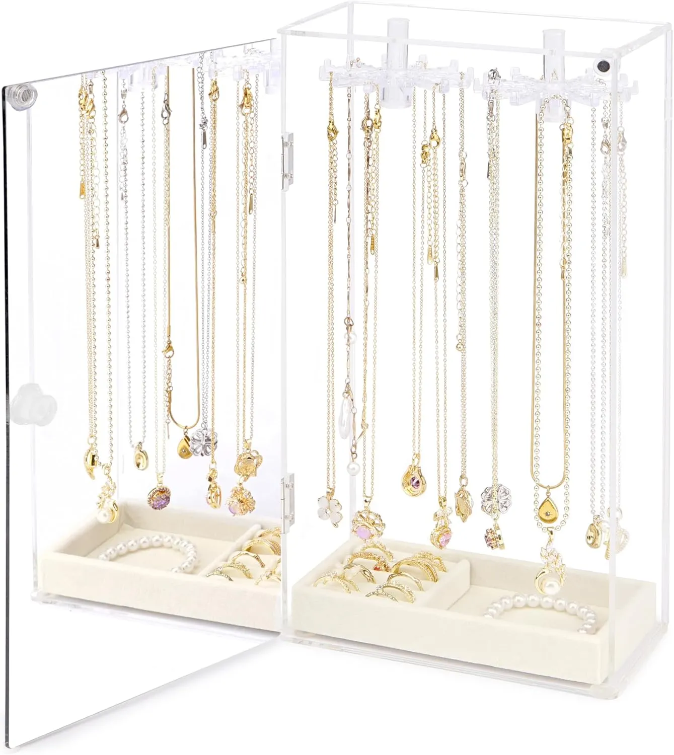 Necklace Holder Organizer, Acrylic Jewelry Organizer, Rotating Clear Necklaces Display Box with Built-in Mirror, Dust-proof Jewelry Storage Case with Velvet Tray, Great Gift for Women Girls
