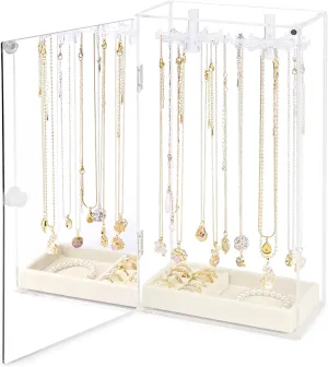Necklace Holder Organizer, Acrylic Jewelry Organizer, Rotating Clear Necklaces Display Box with Built-in Mirror, Dust-proof Jewelry Storage Case with Velvet Tray, Great Gift for Women Girls