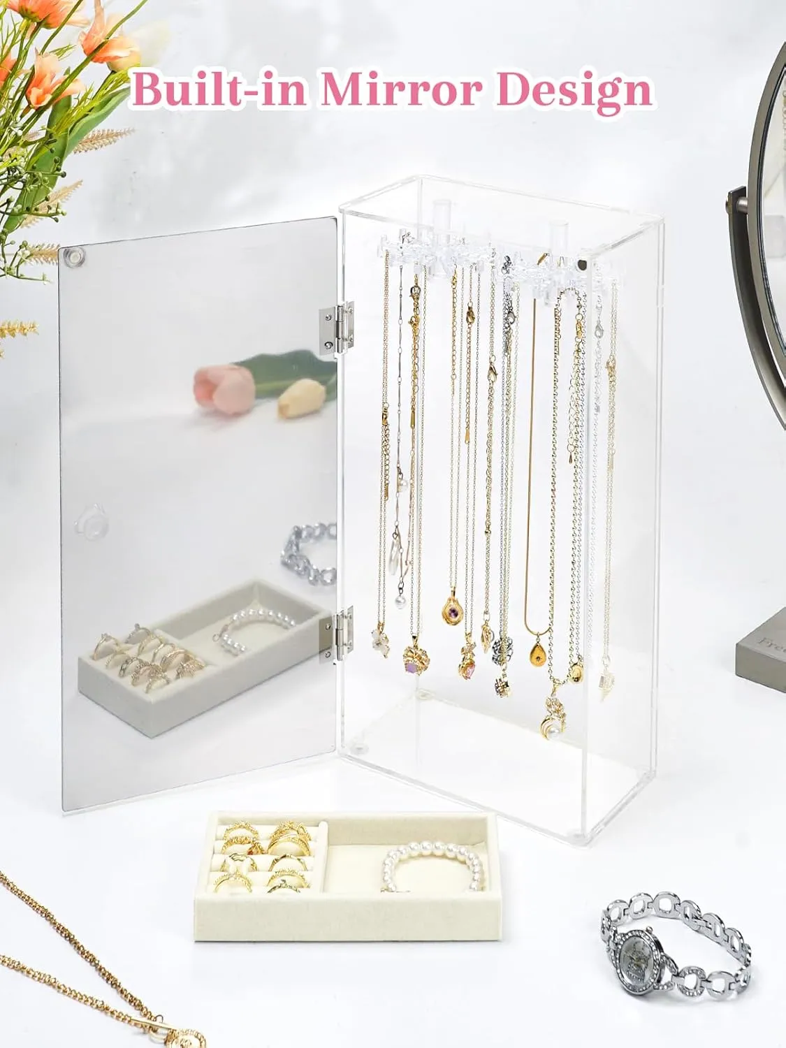 Necklace Holder Organizer, Acrylic Jewelry Organizer, Rotating Clear Necklaces Display Box with Built-in Mirror, Dust-proof Jewelry Storage Case with Velvet Tray, Great Gift for Women Girls